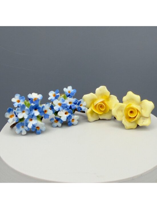 Denton England Jewelry - Vintage Denton England Blue Yellow Porcelain Flower Cluster Earrings Set of 2